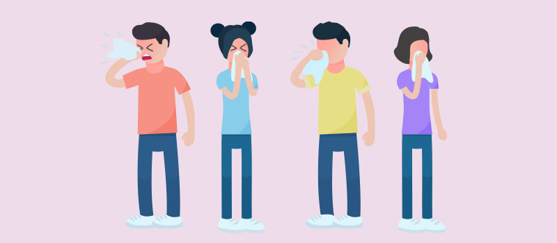 four cartoon people blowing nose