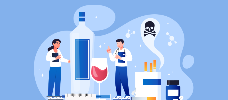 cartoon of two doctors pointing to wine, medications and cigarettes indicating it's bad for you