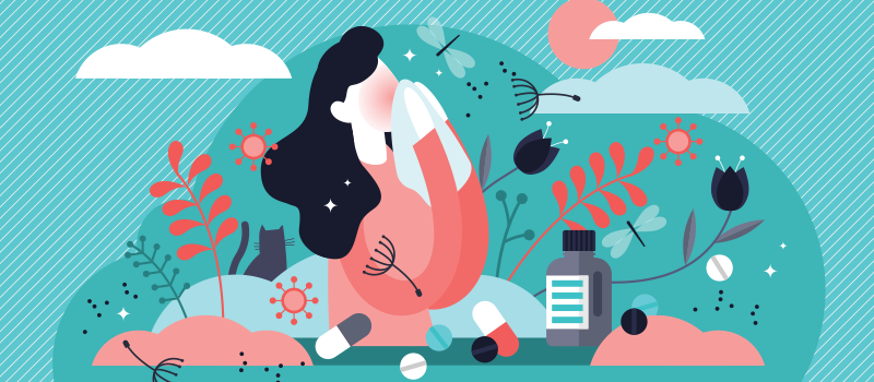 Illustration of a woman surrounded by nature struggling with allergies