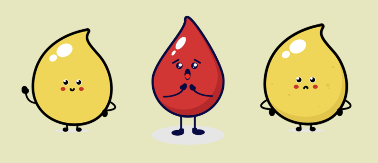 cartoon urine drops on left and right side with a cartoon blood droplet in the middle