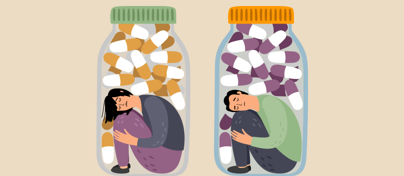 sad cartoon people in pill bottles