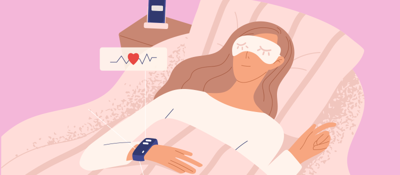 cartoon woman sleeping in bed with smart watch monitoring heart rate