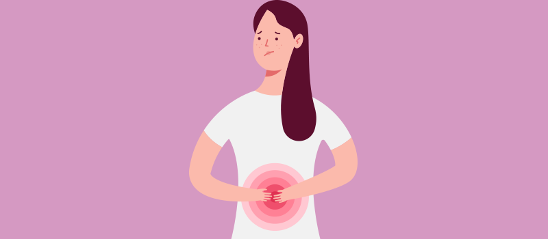 Cartoon woman holding stomach in pain