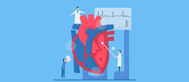 Cartoon heart with doctors examining