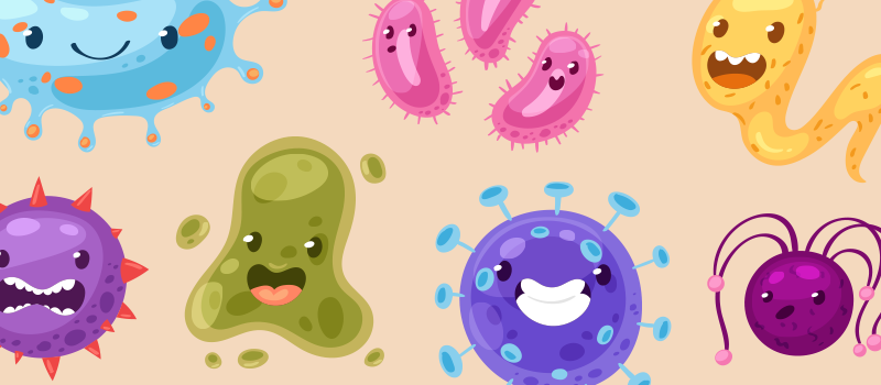 cartoon of seven different germs with faces