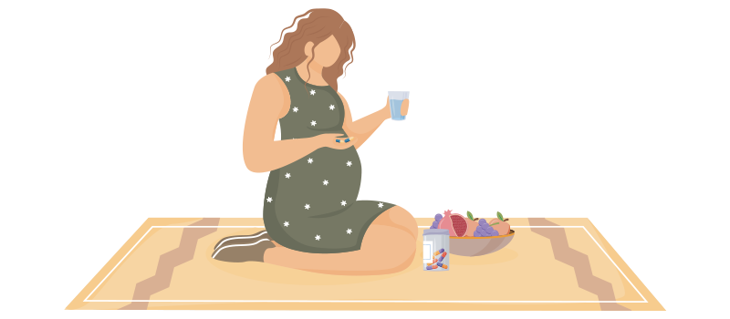 Pregnant woman cartoon holding medication.