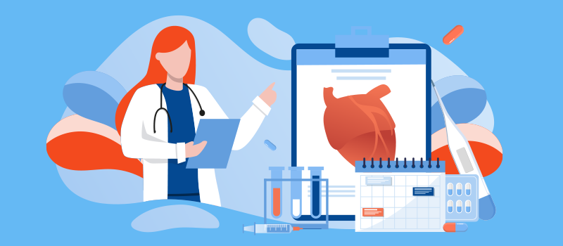 cartoon cardiologist examining heart