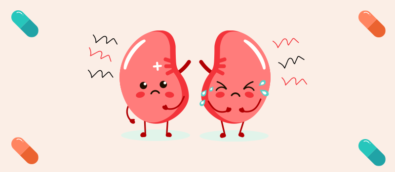 two cartoon kidneys and pills