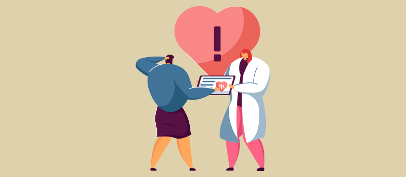 cartoon man speaking with doctor with a heart above them indicating he has heart health problems