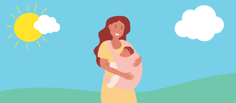 cartoon mom holding baby in the sun