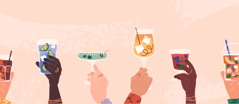 cartoon hands holding up alcoholic drinks