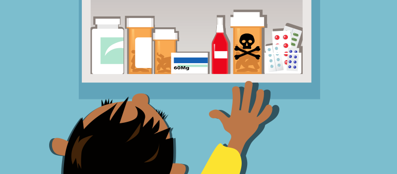 image of a child reaching for a medication cabinet with a warning label on it.