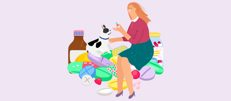 Cartoon woman sitting on pills giving her dog gabapentin