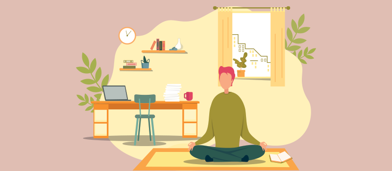 cartoon guy meditating at home