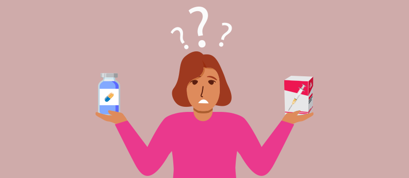 cartoon woman holding a pill bottle and box with needle confused on which one she should choose