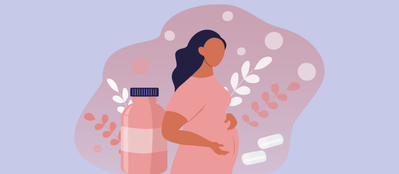 cartoon woman standing with vitamin bottle and two pills