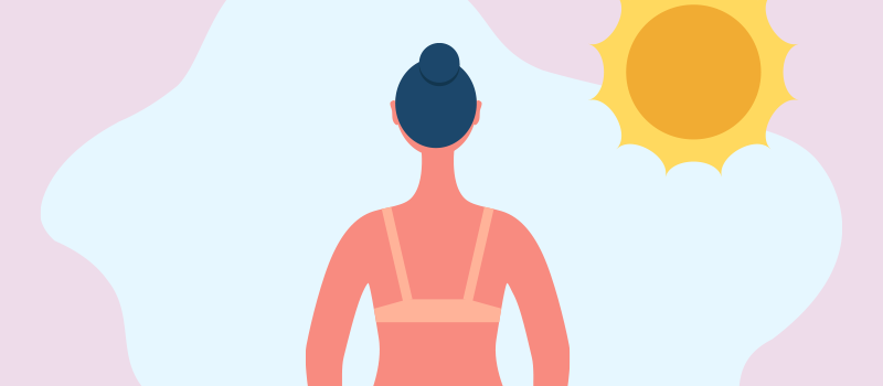 cartoon woman with sunburn standing under sun