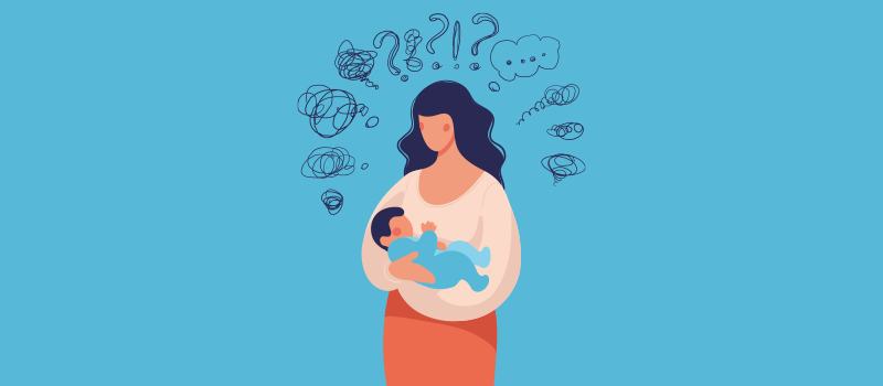 stressed out cartoon woman holding baby