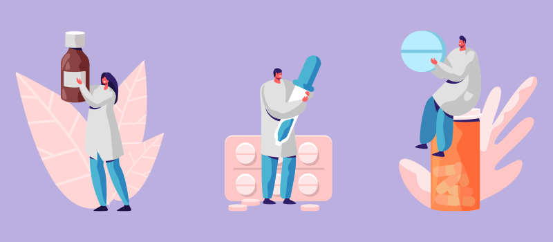 three cartoon pharmacists holding different forms of medicine