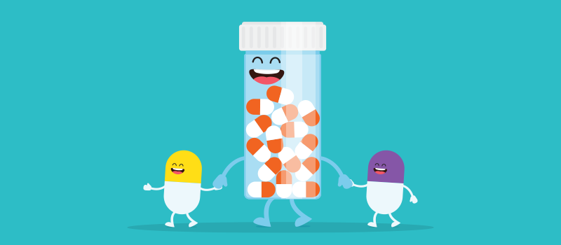 cartoon pill bottle holding hands with two pills