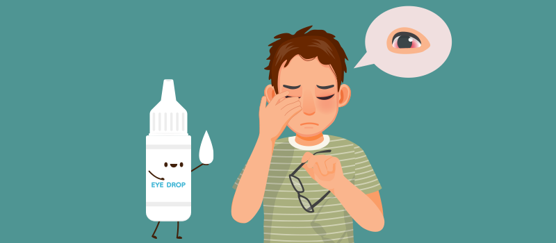 A cartoon of a boy taking medication for itchy eyes.