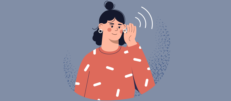 cartoon woman holding hand to ear trying to hear