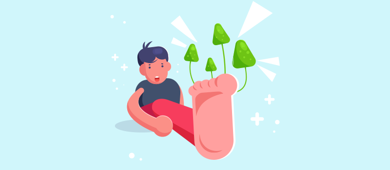 cartoon boy with green fungus growing out of toenails