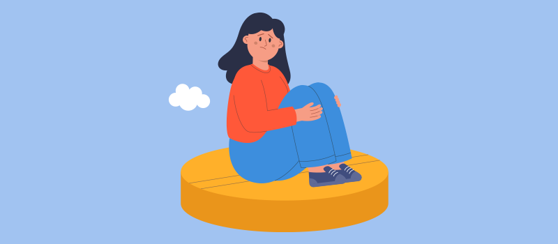 sad cartoon woman sitting on orange pill with a cloud over her head