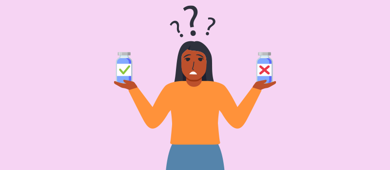 cartoon woman holding up two pill bottles