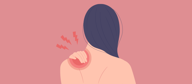 cartoon of woman holding shoulder because it's in pain