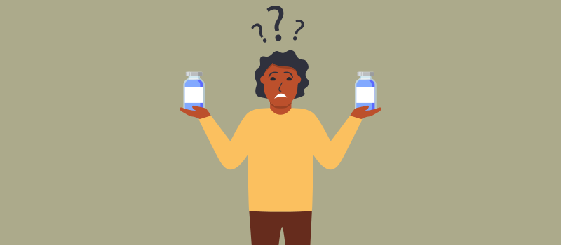 cartoon woman holding two pill bottles with question marks above head