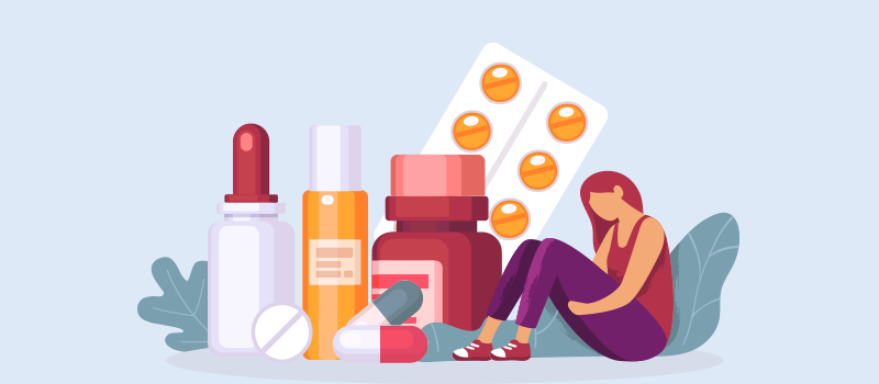 cartoon of woman looking sad with pills