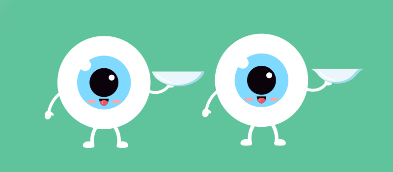 two cartoon eyes holding contact lens