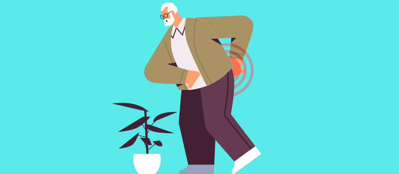 Elderly man cartoon holding back and in pain