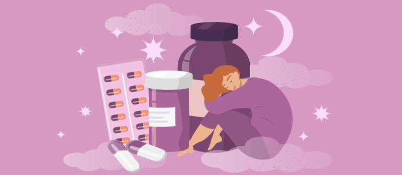 cartoon of woman sleeping next to pill cases with half a moon in the sky