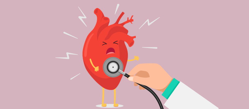 cartoon doctor using a stethoscope on a cartoon heart in pain