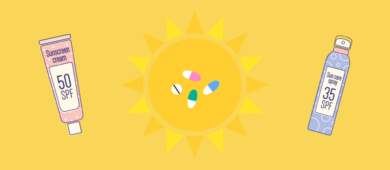 sun, pills and sunscreen cartoon