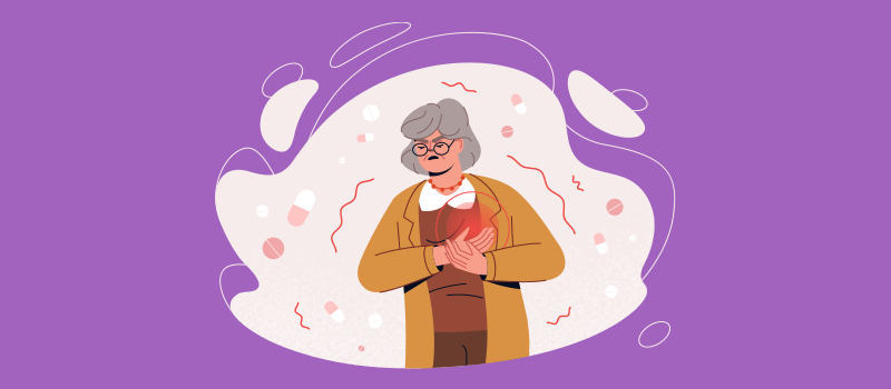 old woman cartoon with heart problem, pills surrounding her