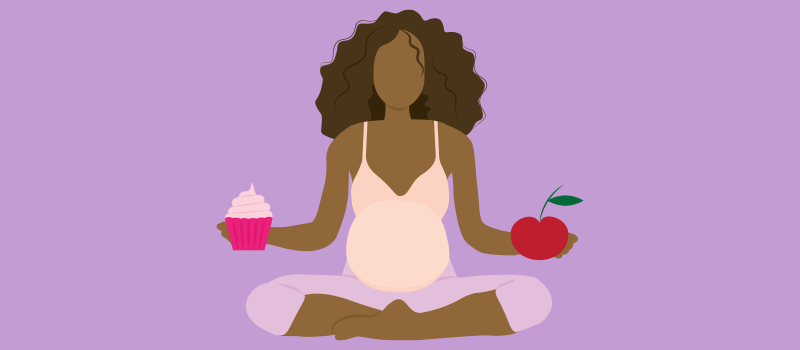 Cartoon pregnant woman holding a cupcake in one hand and apple in another