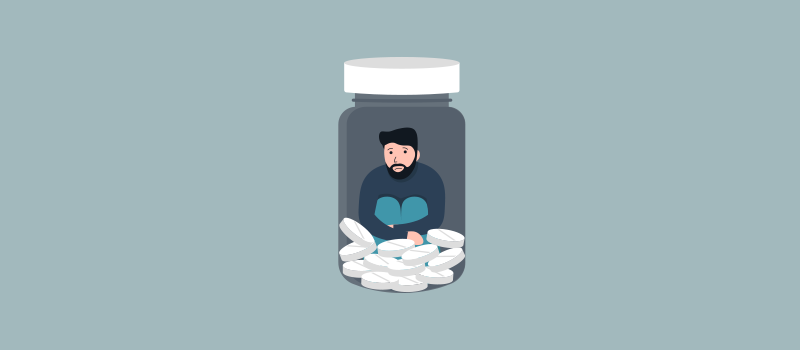 cartoon man trapped in pill bottle