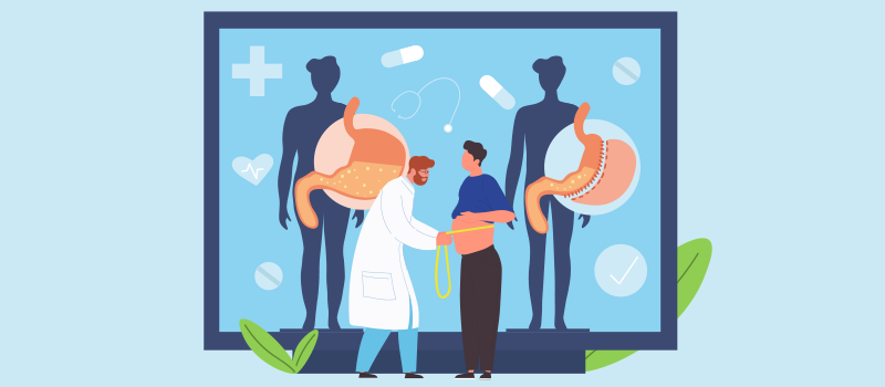 Cartoon doctor measuring overweight patients stomach circumference.