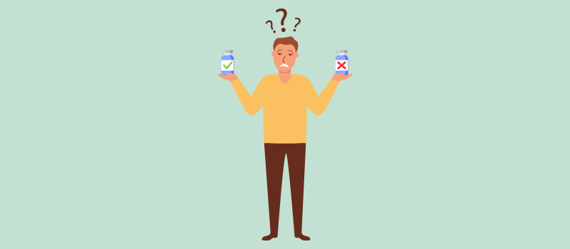 cartoon of man holding two pill bottles with question marks