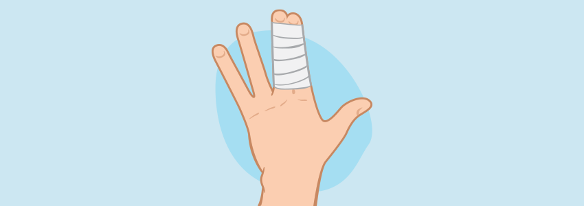 cartoon hand with bandage wrapped around index and middle finger