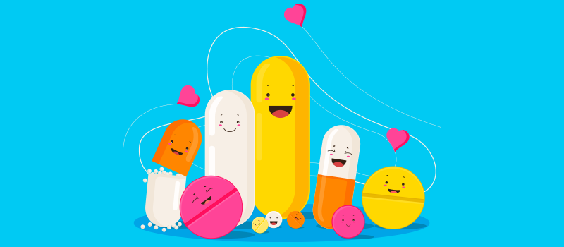 cartoon pills with smiling faces and hearts above their heads