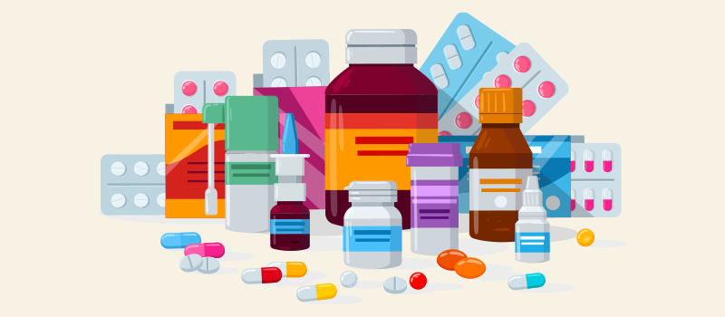 cartoon of pill bottles and pills